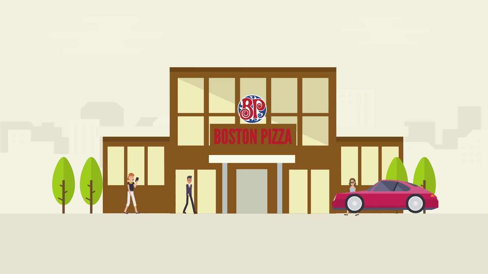 Boston Pizza restaurant 2D animated building illustration for commercial animation video portfolio.