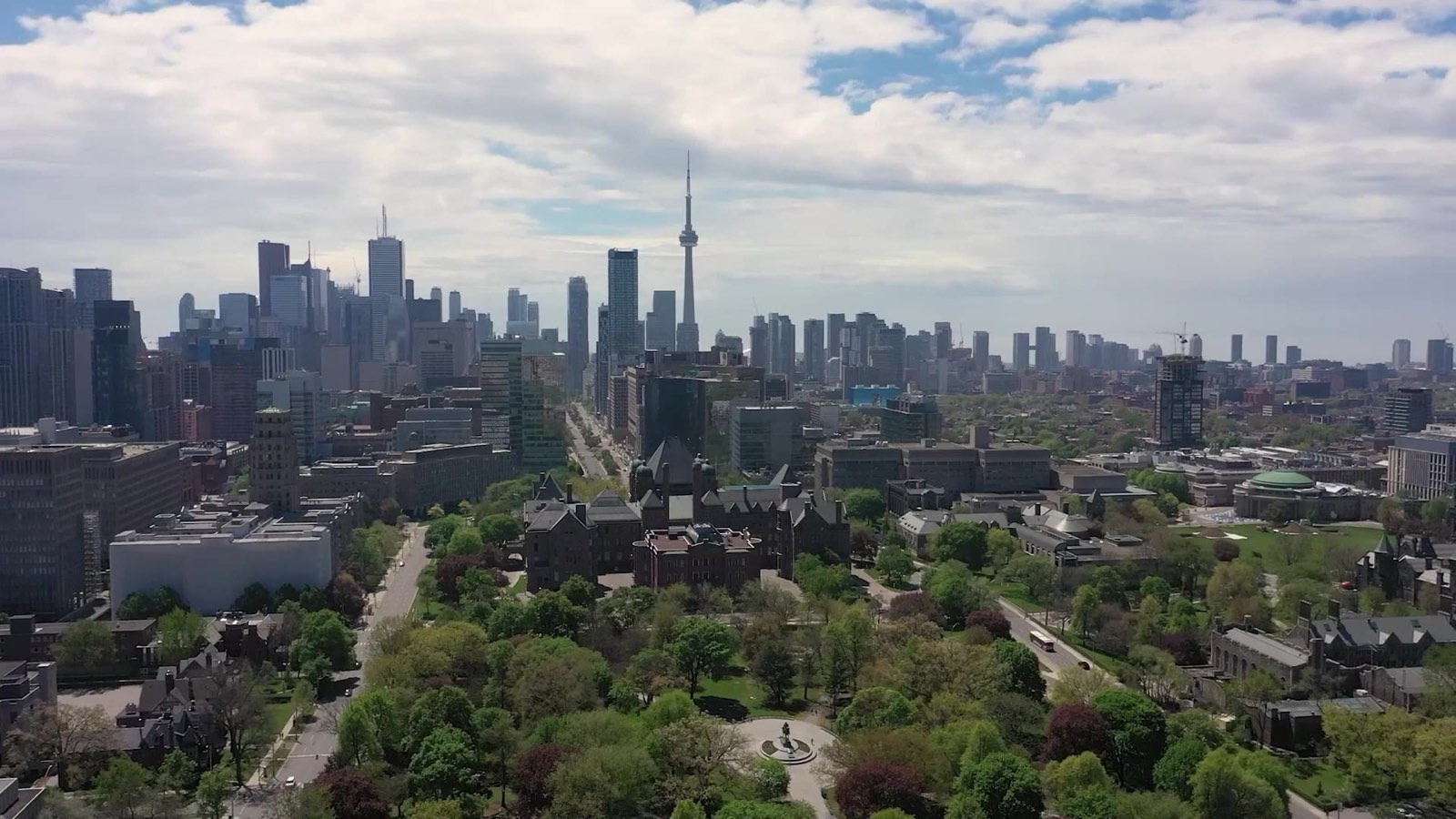 Aerial view of the Toronto skyline and CN Tower for a virtual tour commuter video production.